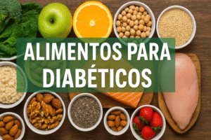 Alimentos para diabéticos: frutas, legumes, grãos integrais e proteínas magras para controle da glicemia