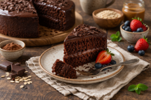 Bolo de chocolate saudável com cobertura cremosa e frutas, ideal para quem está de dieta
